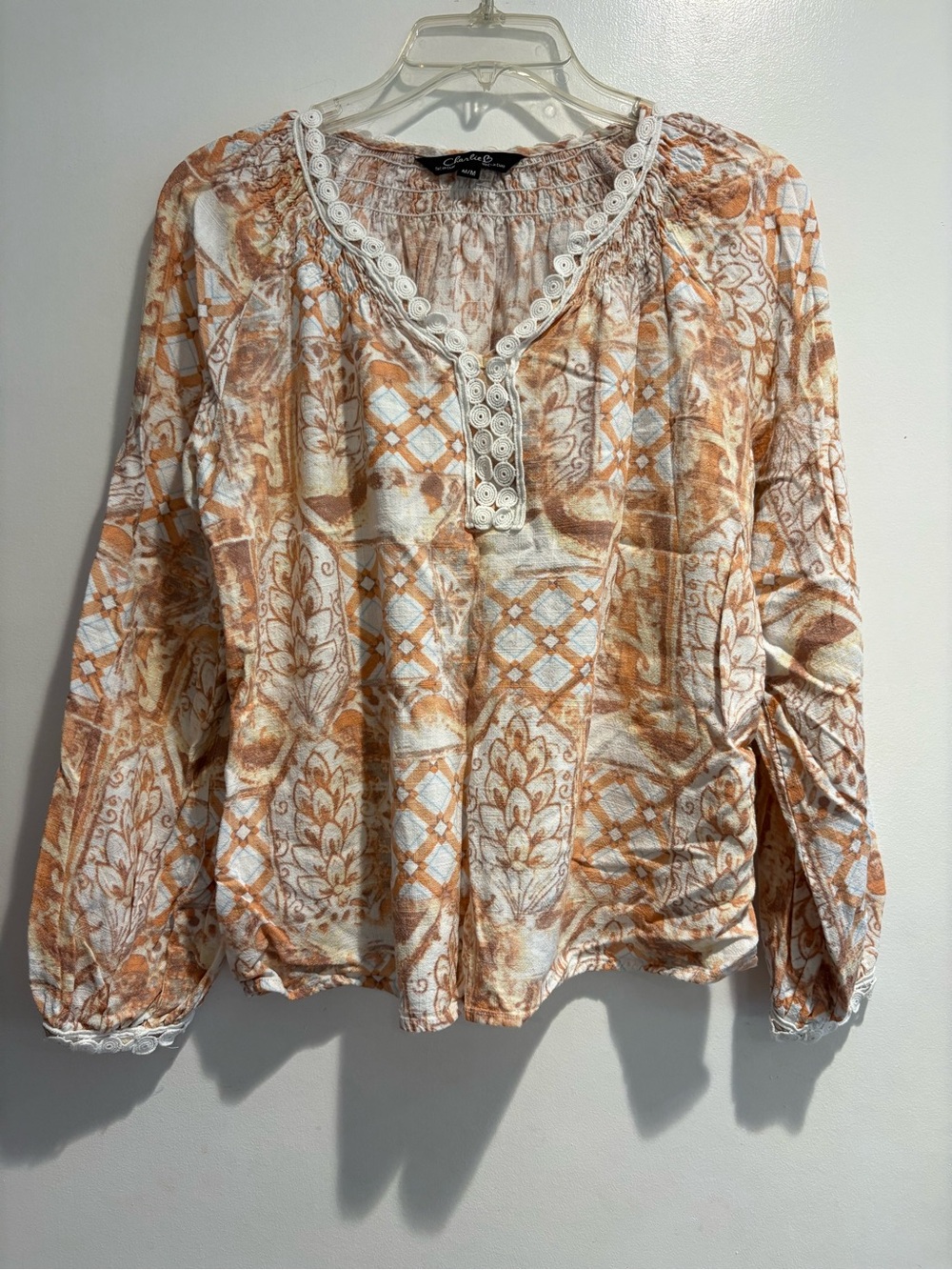 CHARLIE B White & Tan Lace-Trim Boho Peasant Top